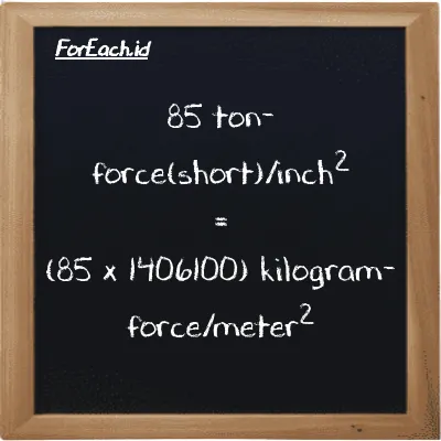 How to convert ton-force(short)/inch<sup>2</sup> to kilogram-force/meter<sup>2</sup>: 85 ton-force(short)/inch<sup>2</sup> (tf/in<sup>2</sup>) is equivalent to 85 times 1406100 kilogram-force/meter<sup>2</sup> (kgf/m<sup>2</sup>)